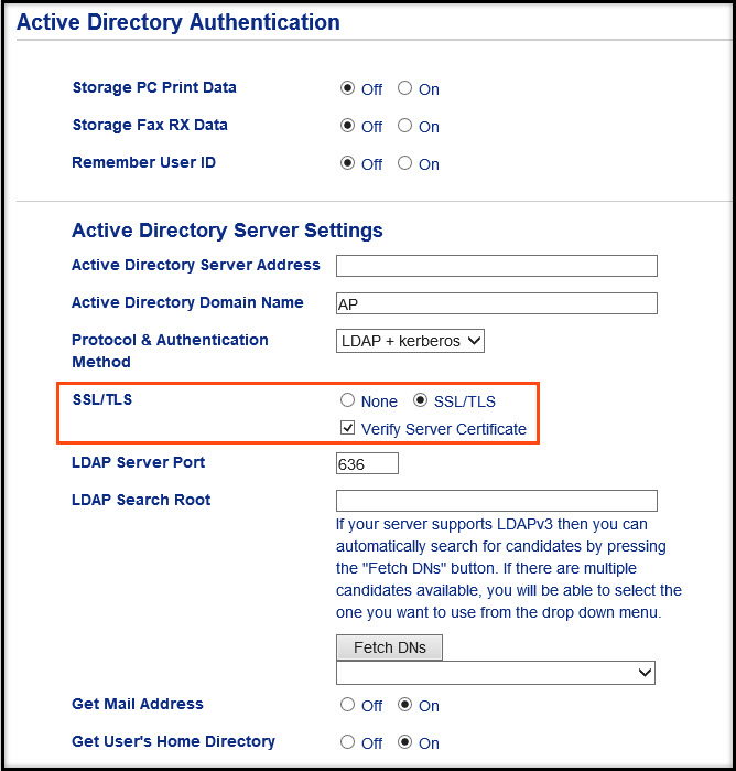 Active Directory Authentication screen